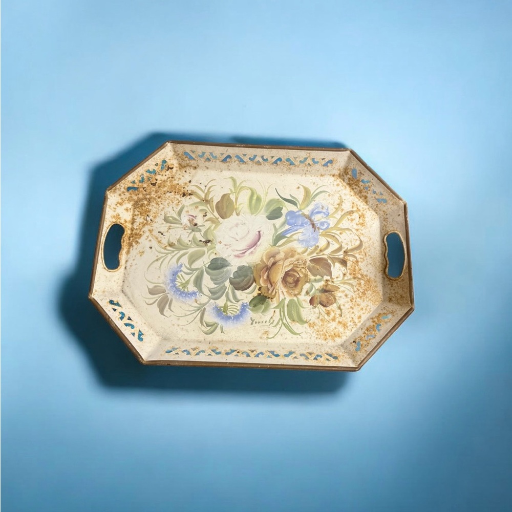 Vintage ~ Hand Painted ~ Floral ~ Metal ~ Serving Tray ~ Tolewear Or Tole Tray